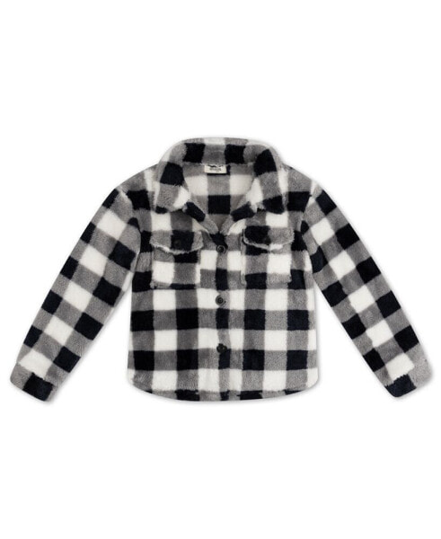 Big Girls Plaid Print Faux Fur Jacket with Button Closure