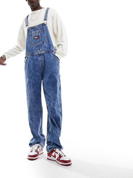 Tommy Jeans denim dungarees in mid wash 