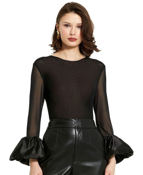 Women's Mesh Long Sleeve Bodysuit With Satin Puff Sleeves