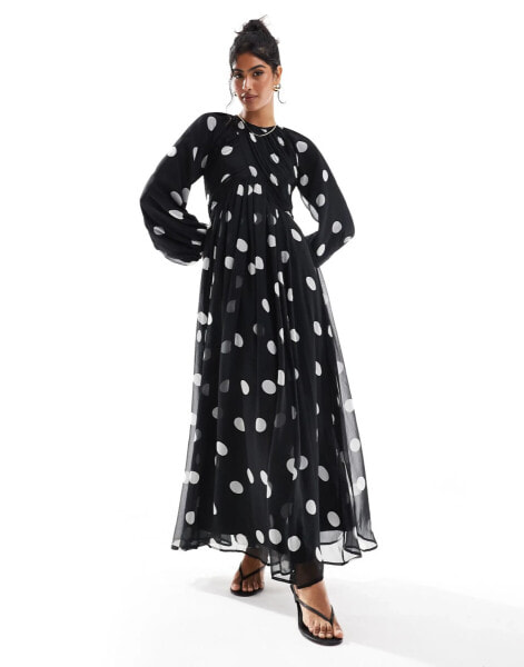 ASOS DESIGN wrap bodice balloon sleeve maxi dress in black spot print