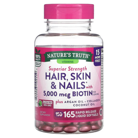 Витамины для здоровья кожи, Nature's Truth, Hair, Skin & Nails with Biotin, 5 000 мкг, 165 быстрорастворимых жидких капсул