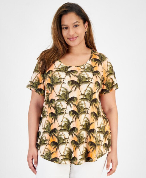 Plus Size Tropical Overlay Short-Sleeve Top, Created for Macy's