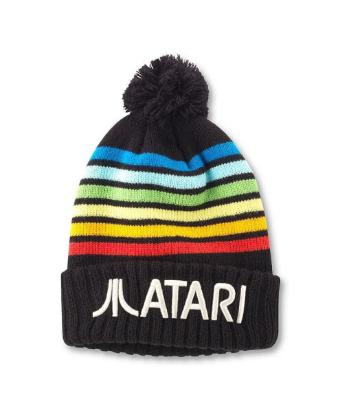 Men's and Women's Black Atari Pillow Line Cuffed Knit Hat with Pom