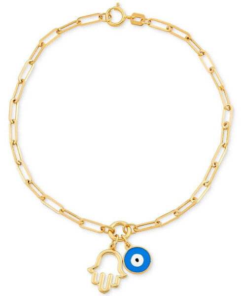 Hamsa Hand & Glass Evil Eye Charm Bracelet in 10k Gold