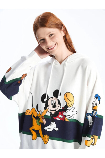 LCW Mickey Mouse ve Arkadaşları Baskılı Uzun Kollu Oversize Kadın Hoodie