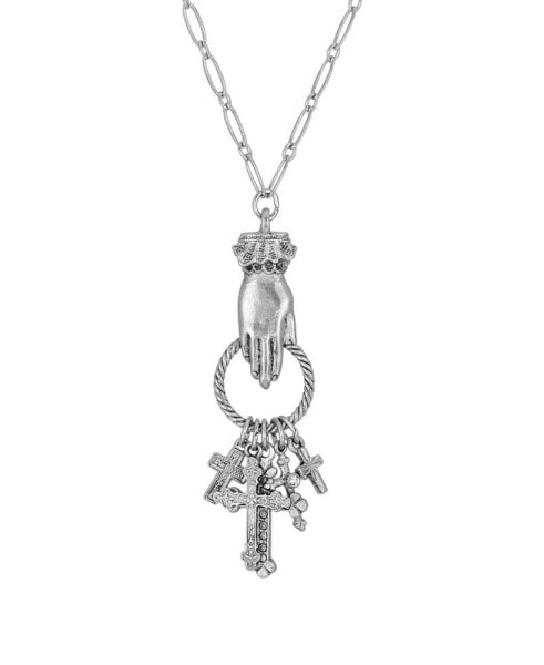 Antiqued Pewter Hand and Multiple Cross Charm Necklace