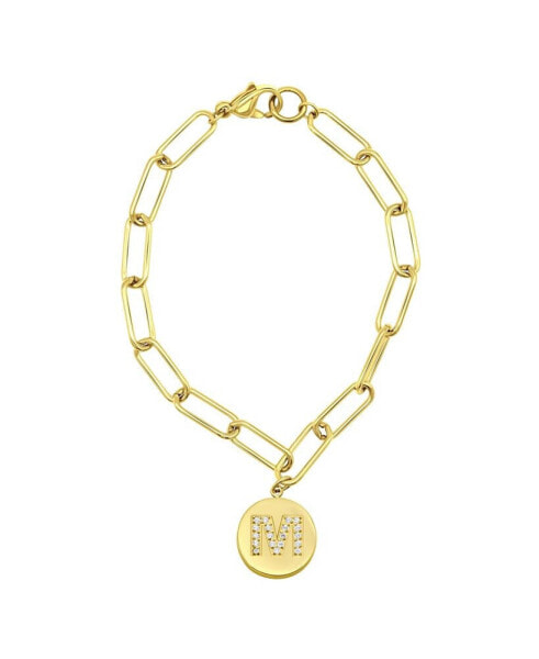 Tarnish Resistant 14K Gold-Plated Pave Crystal Initial Disc Paperclip Bracelet