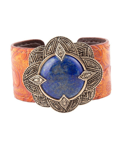 Out West Genuine Blue Lapis Round Stone Leather Cuff Bracelet