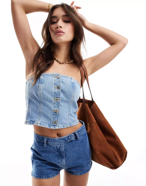 New Look denim bandeau top in mid blue