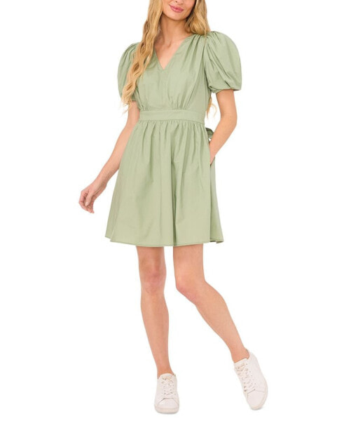 Women's Short Puff-Sleeve Belted Mini Dress