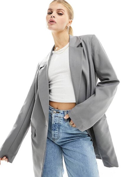 Pieces oversized longline blazer in grey