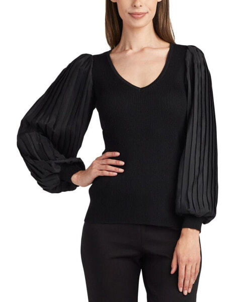 Juniors' Contrast Pleated-Sleeve Ribbed Sweater