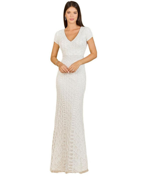 Women's Beaded V-Neckline Dress with Cap Sleeves