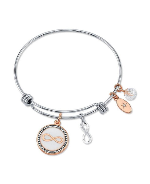 "Forever Friends" Infinity Bangle Bracelet in Stainless Steel & Rose Gold-Tone with Silver Plated Charms