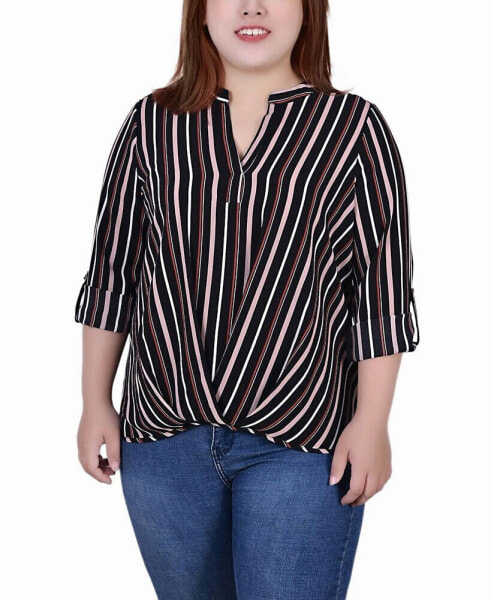 Plus Size 3/4 Sleeve Mandarin Collar Blouse with Front Pleats