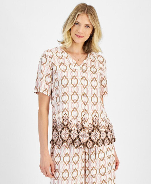 Women's Linen Blend Printed V-Neck Short-Sleeve Top, Created for Macy's