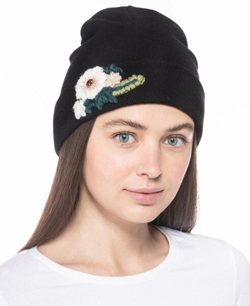 Inc International Concepts 289600 Women's Black Floral Embroidered Beanie