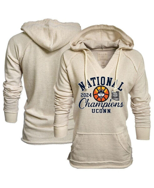 Women's Cream UConn Huskies 2024 NCAA Men's Basketball National Champions Striped French Terry V-Neck Pullover Hoodie