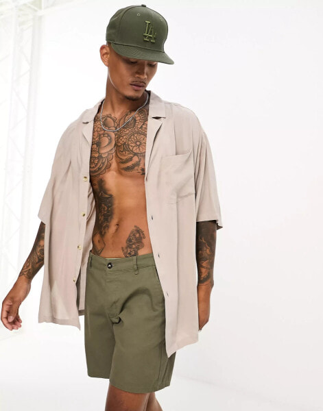 ASOS DESIGN dropped shoulder longline viscose bowling shirt in taupe