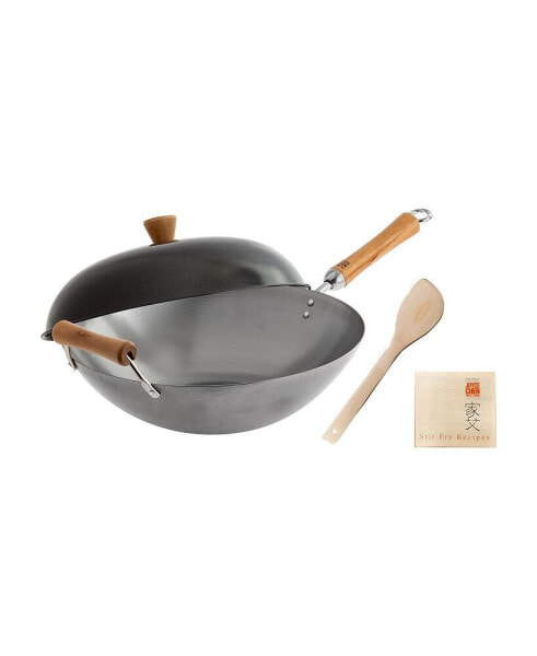 Classic Series Uncoated Carbon Steel 4-Pc. Wok Set with Lid and Birch Handles