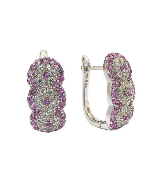 Pink Sapphire & Lab-Grown White Sapphire Floral Huggie Hoop Earrings in Sterling Silver by Suzy Levian