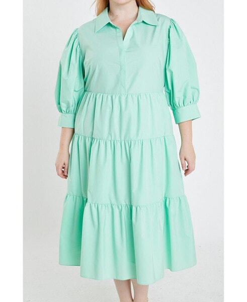 Women's Plus size V-neckline Puff Sleeve Midi Dress