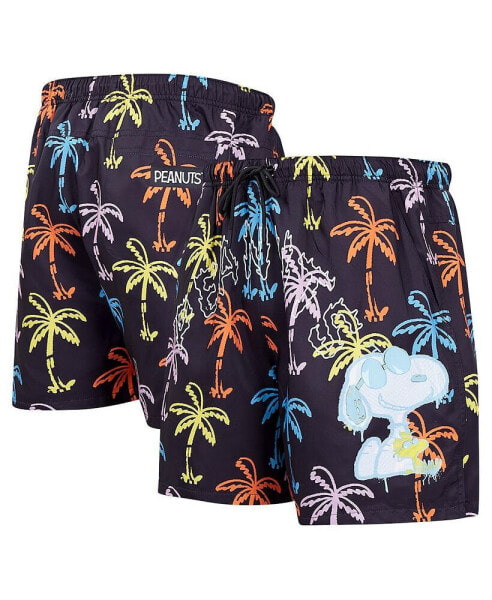 Men's Black Peanuts Snoopy Graffiti On Palm Trees Woven Shorts