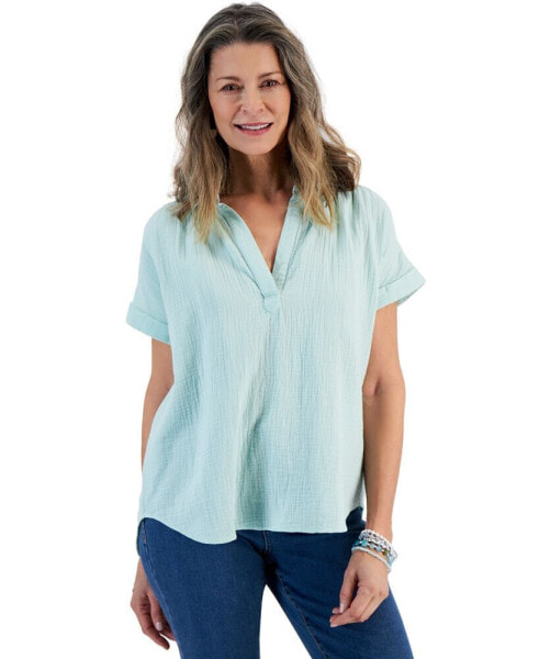 Women's Cotton Gauze Popover Collared Top, Created for Macy's