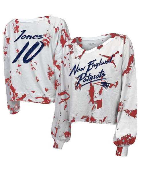 Women's Threads Mac Jones White New England Patriots Off-Shoulder Tie-Dye Name and Number Cropped Long Sleeve V-Neck T-shirt