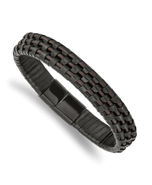 Stainless Steel Black IP-plated Black Brown Leather Bracelet