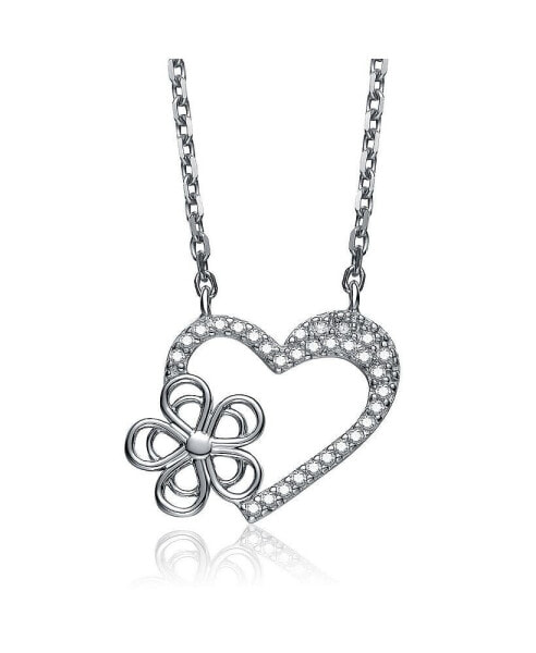 Sterling Silver Cubic Zirconia Heart Shape With Flower Paved Pendant