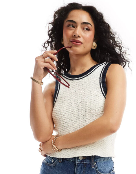 ASOS DESIGN knitted scoop racer vest in textured yarn with tipping in cream