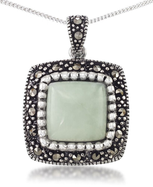 Jade (11 x 11mm) & Marcasite Square Pendant on 18" Chain in Sterling Silver