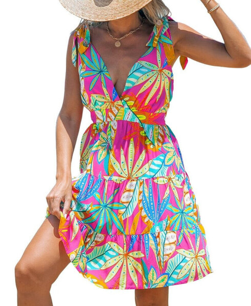 Women's Tropical Print Knotted Strap Mini Beach Dress