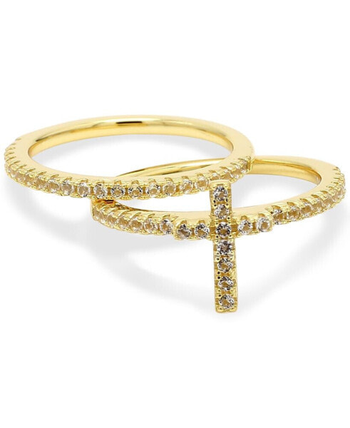 2-Pc. Set White Topaz Cross Ring & Band (1/4 ct. t.w.) in 14k Gold-Plated Sterling Silver