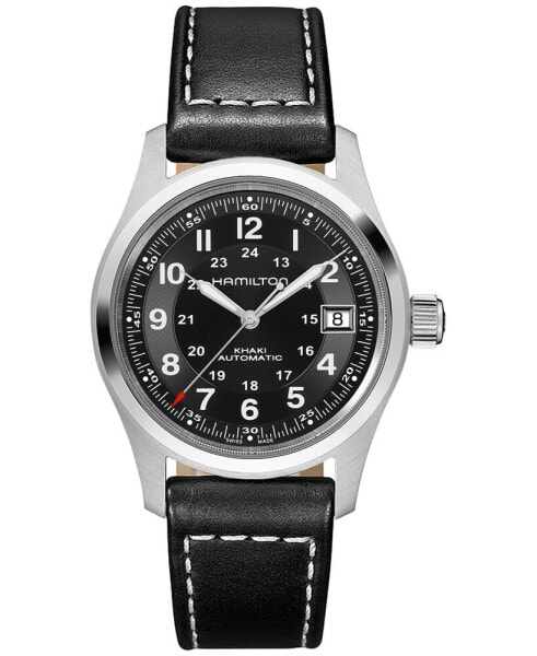 Men's Swiss Automatic Khaki Field Black Leather Strap Watch 38mm