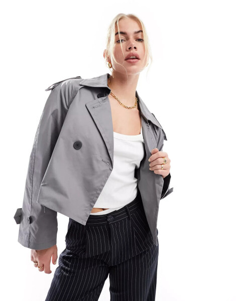 Stradivarius oversized cropped trench coat in slate grey