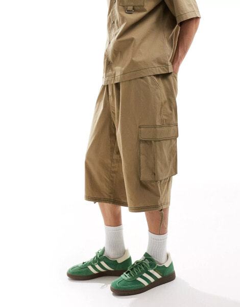 COLLUSION ripstop longline festival jort co ord with contrast stitch in khaki