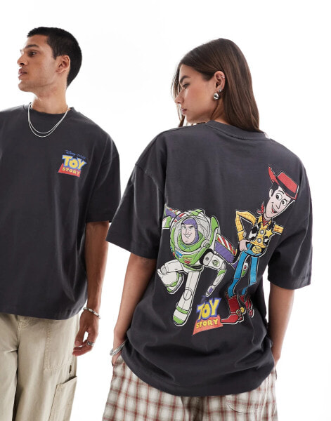 ASOS DESIGN Disney Pixar unisex oversized t-shirt with Toy Story Woody & Buzz Lightyear prints in charcoal