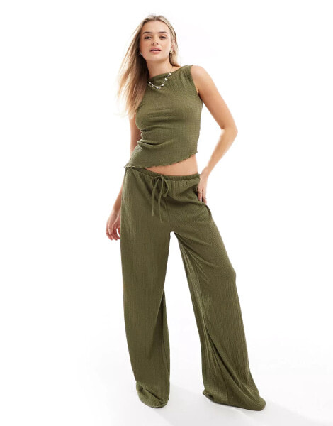 ASOS DESIGN textured wide leg trousers co ord in khaki