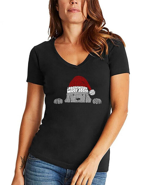 Women's Christmas Peeking Dog Word Art V-neck T-shirt