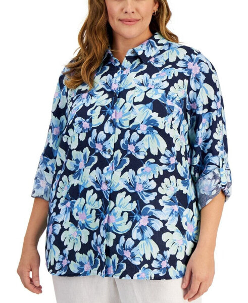 Plus Size 100% Linen Printed Roll-Tab Shirt, Created for Macy's