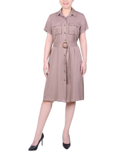 Petite Short Sleeve Belted Utility Style Dress