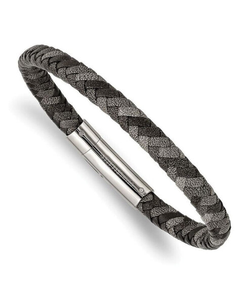 Stainless Steel Polished Black Grey Braided Leather Bracelet