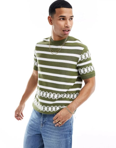 ASOS DESIGN relaxed knitted crew neck t-shirt in khaki border stripe pattern