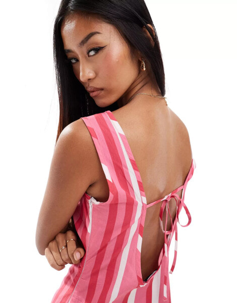 ASOS DESIGN poplin slash neck mini dress in pink stripe