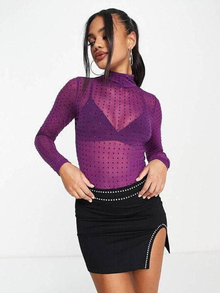 ASOS DESIGN hotfix crystal stud mesh bodysuit in black