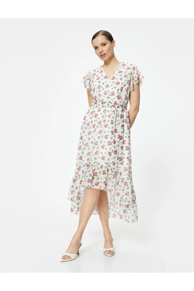 Midi Çiçekli Elbise Şifon Fırfırlı Beli Kuşaklı Asimetrik Kesim V Yaka