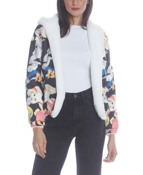 Women's Faux Rabbit Fur Reversible Bomber Looney Tunes Satin Mashup Print Lining Jacket