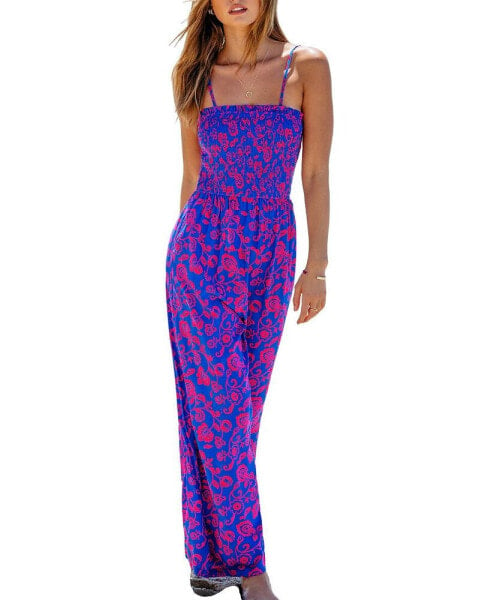Women's Floral Square Neck Smocked Bodice Straight Leg Jumpsuit